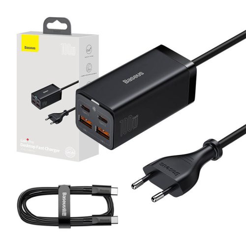 Baseus GaN3 Pro gyorstöltő 2xUSB-C + 2xUSB, 100W (fekete)