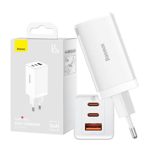 Baseus GaN5 Pro 2xUSB-C + USB gyorstöltő, 65W (fehér)