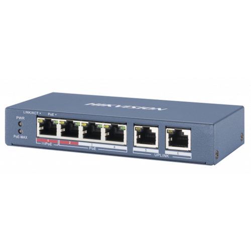 Hikvision DS3E0106P-EM 6 portos PoE switch (30 W); 4 PoE+ és 2 uplink port nem menedzselhető