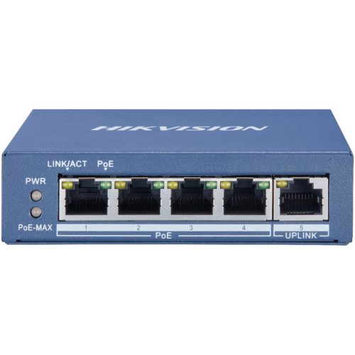 Hikvision DS-3E0505P-E/M 5 portos Gbit PoE switch (35 W); 4 PoE + 1 uplink port